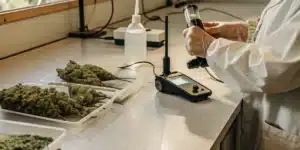 Cannabis water activity laboratory testing with a technician analyzing flower samples using AW equipment.