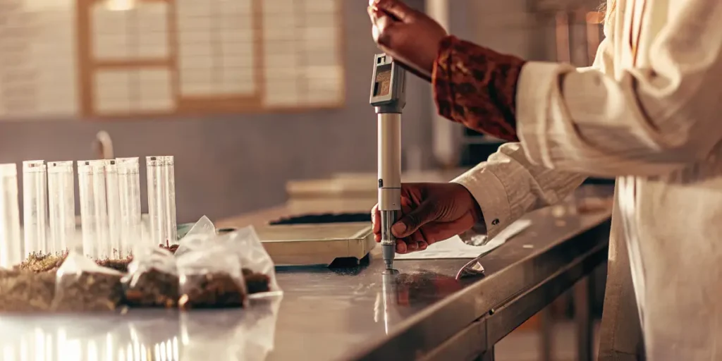 Technician performing cannabis water activity laboratory testing using a precision measurement instrument.