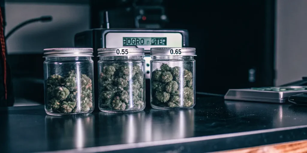 Cannabis buds stored in glass jars with different water activity levels displayed for moisture comparison and quality control.