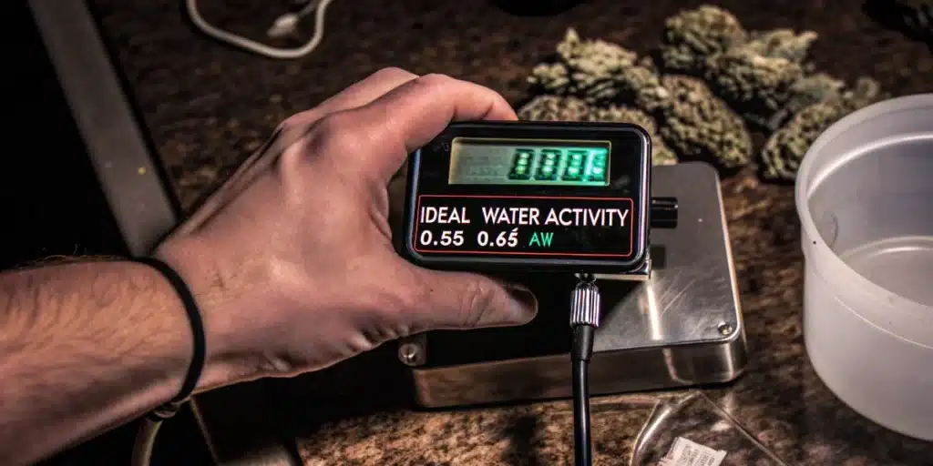 Cannabis water activity meter displaying AW levels during flower moisture testing and quality control.