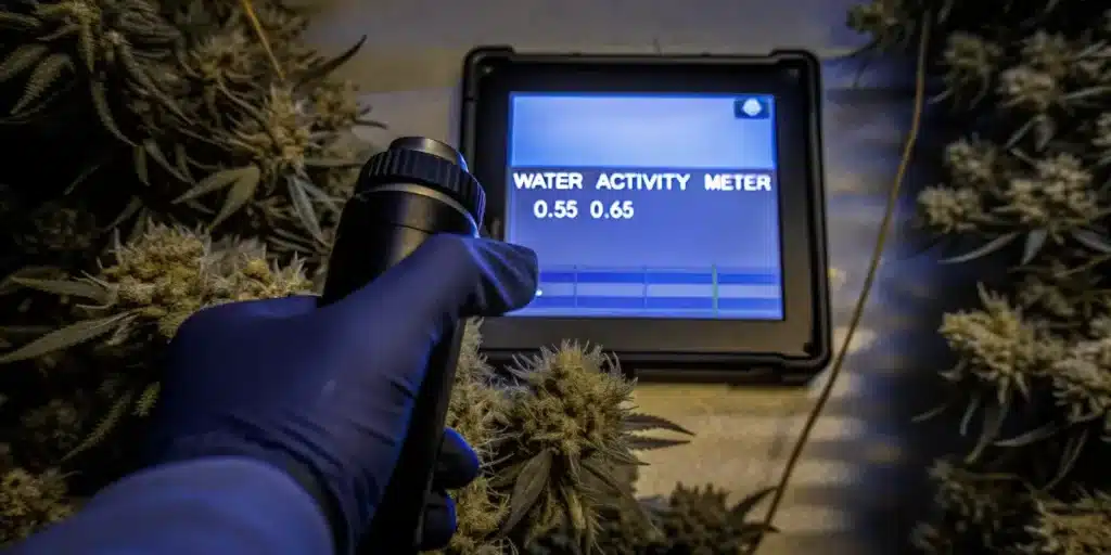 Cannabis buds being analyzed with a water activity meter during post-harvest quality control.