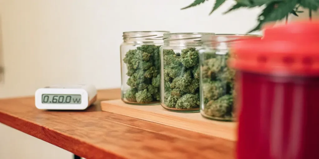 Glass jars of cannabis buds stored beside a water activity monitoring device used for quality control and preservation.