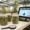 Cannabis flower jars displayed beside a digital water activity monitoring system in a commercial cultivation facility.