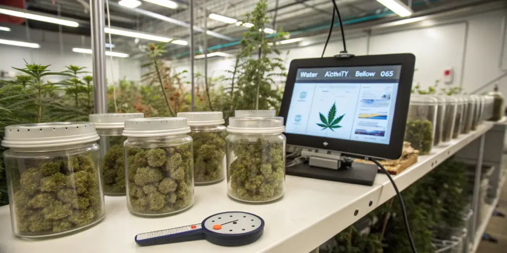 Cannabis flower jars displayed beside a digital water activity monitoring system in a commercial cultivation facility.
