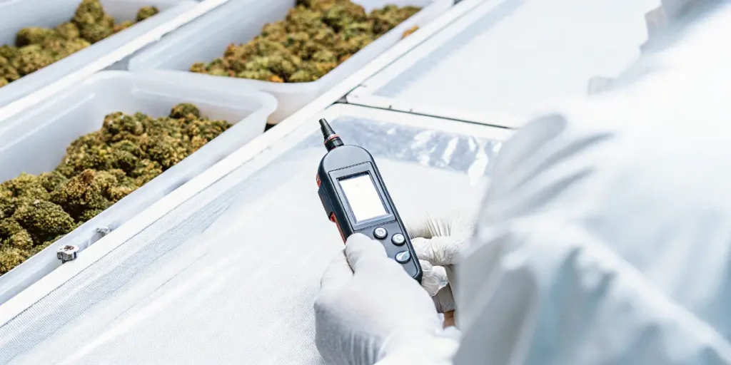 Laboratory technician using a handheld device for cannabis water activity monitoring during quality control.