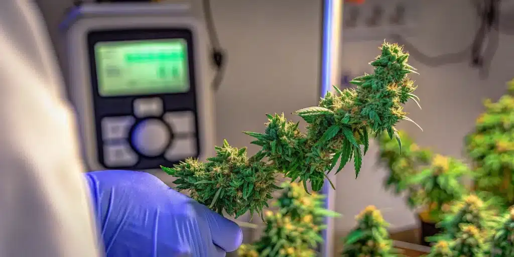 Cannabis water activity monitoring with a flowering branch evaluated using a moisture measurement device.