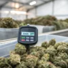 Cannabis buds stored in harvest bins with a water activity meter displaying 0.65 aw during quality control testing.