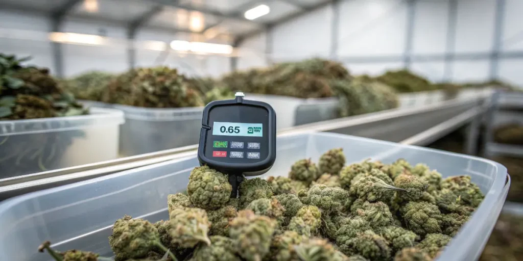 Cannabis buds stored in harvest bins with a water activity meter displaying 0.65 aw during quality control testing.