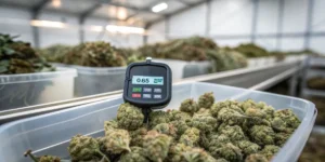 Cannabis buds stored in harvest bins with a water activity meter displaying 0.65 aw during quality control testing.