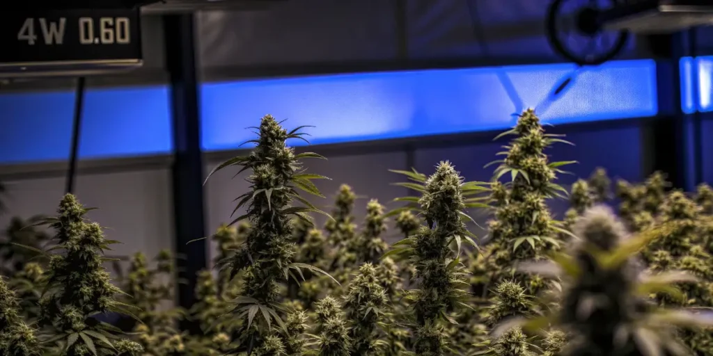Cannabis plants flowering indoors with water activity monitoring displayed in a controlled grow room environment.