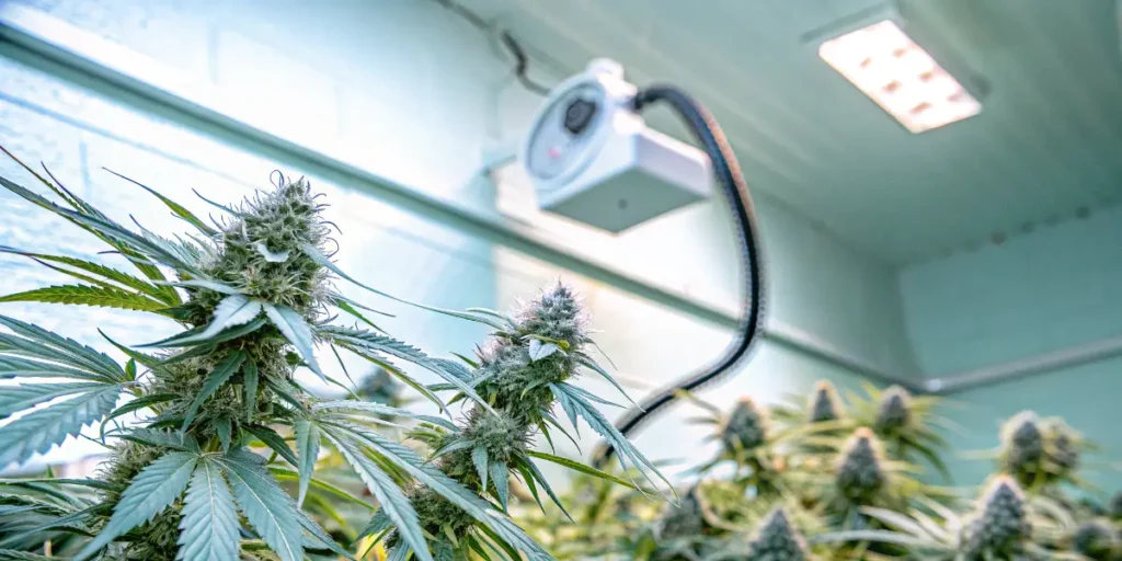 Cannabis plants in flowering stage growing beneath a water activity monitoring system in a controlled cultivation room.