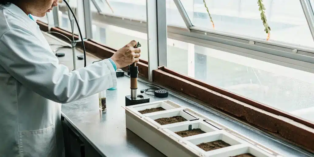 Cannabis water activity sample testing with a technician analyzing material using a laboratory probe.