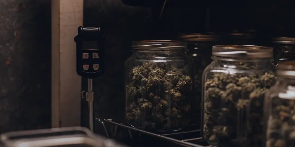 Glass jars of stored cannabis flowers monitored with a water activity measurement device in a controlled environment.