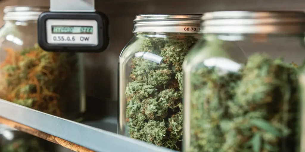 Cured cannabis buds stored in glass jars with a water activity meter displaying optimal moisture levels.