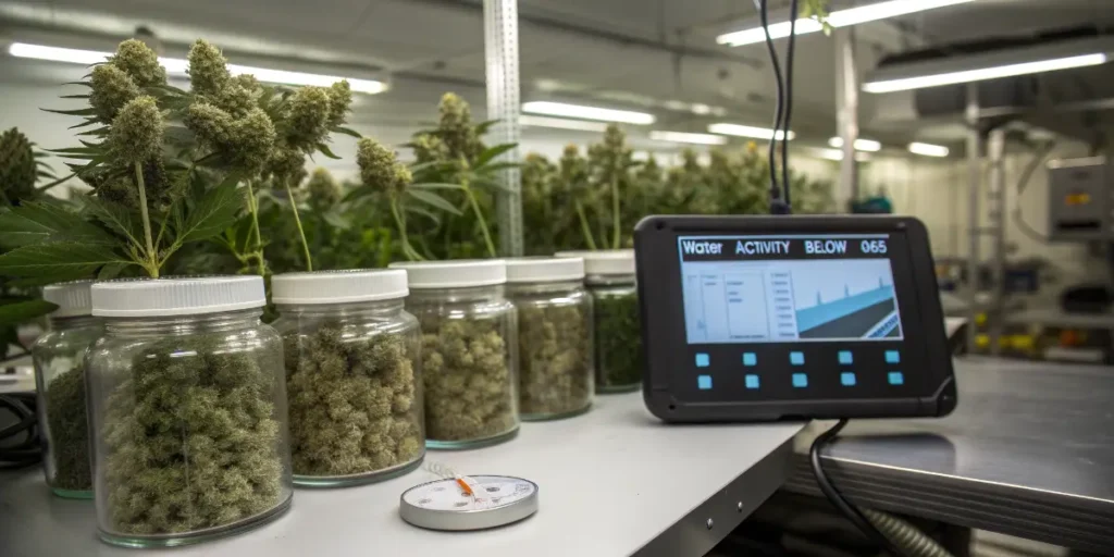 Cannabis buds in storage jars undergoing water activity testing with a digital monitoring device.