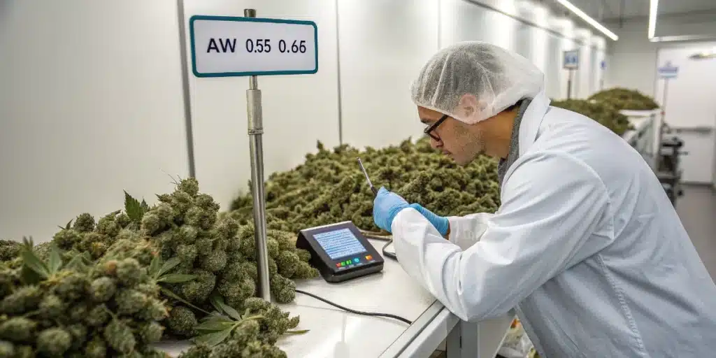 Cannabis water activity testing with a technician measuring flower samples to verify AW compliance levels.