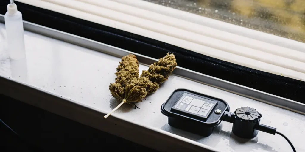 Dried cannabis flower next to a digital water activity meter used to test moisture levels after harvest.