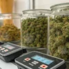 Glass jars filled with cured cannabis buds alongside water activity meters used for quality control testing.