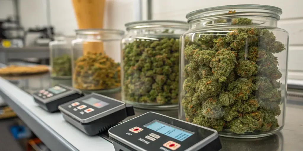Glass jars filled with cured cannabis buds alongside water activity meters used for quality control testing.