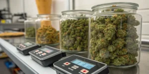 Glass jars filled with cured cannabis buds alongside water activity meters used for quality control testing.