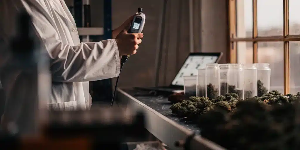 Laboratory technician measuring water activity levels in cannabis buds during quality control testing.