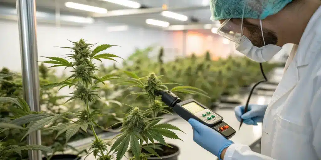 Laboratory technician measuring cannabis flower quality with a handheld testing device in an indoor grow facility.