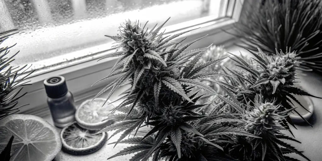 Citrus terpene cannabis flower displayed with lemon slices and terpene extract bottle near a window.