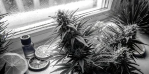 Citrus terpene cannabis flower displayed with lemon slices and terpene extract bottle near a window.