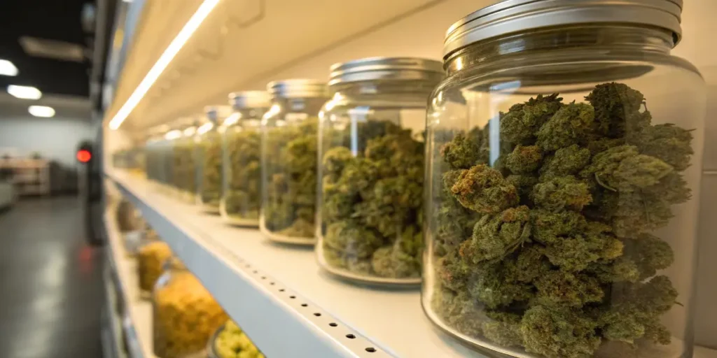Commercial cannabis buds stored in sealed glass jars on illuminated shelves during the curing process.