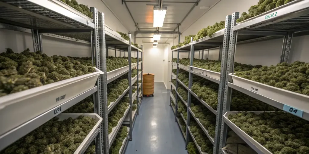 Commercial cannabis curing room with shelves filled with drying and curing cannabis flowers.