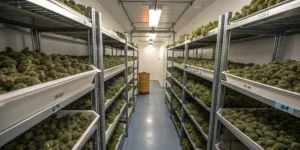 Commercial cannabis curing room with shelves filled with drying and curing cannabis flowers.