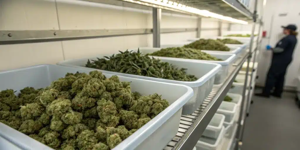 Large trays of harvested cannabis flowers organized on shelving inside a commercial curing and storage facility.