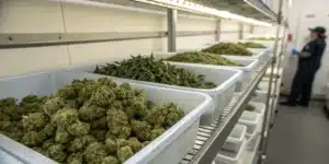 Large trays of harvested cannabis flowers organized on shelving inside a commercial curing and storage facility.