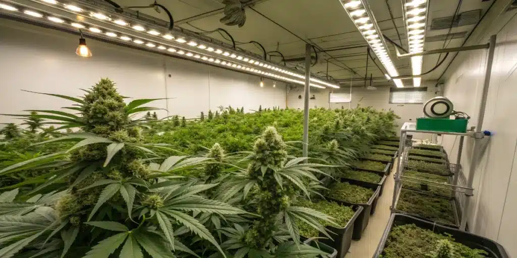 Large commercial cannabis grow room with flowering plants under high-efficiency LED lighting systems.