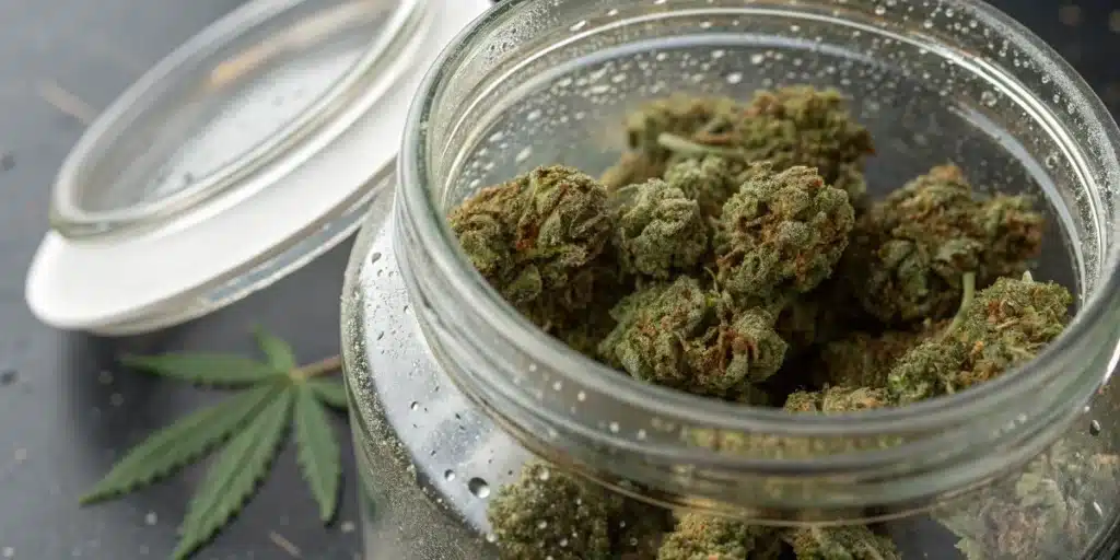 Condensation inside jar cannabis showing moisture buildup on glass around cured cannabis buds during storage.