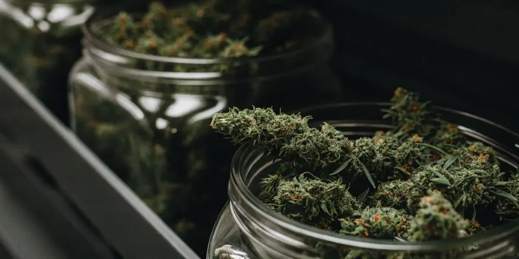 Close-up of cured cannabis buds stored in open glass jars during the post-harvest curing process.