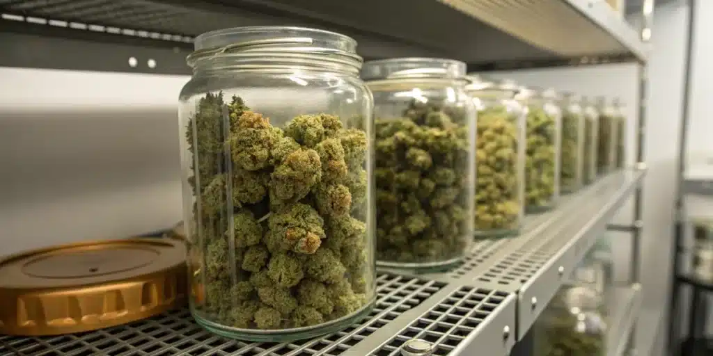 Cured cannabis buds in glass jars stored on metal shelves for long-term preservation and curing.