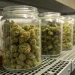 Cured cannabis buds in glass jars stored on metal shelves for long-term preservation and curing.