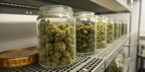 Cured cannabis buds in glass jars stored on metal shelves for long-term preservation and curing.