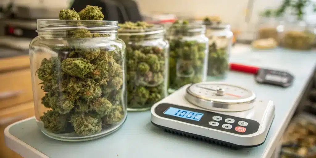 Glass jars containing cured cannabis buds next to a digital scale used for storage and quality control.