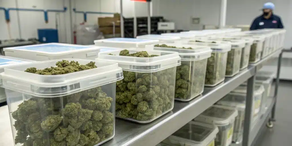 Cured cannabis storage containers filled with flower buds organized for inventory and quality control.