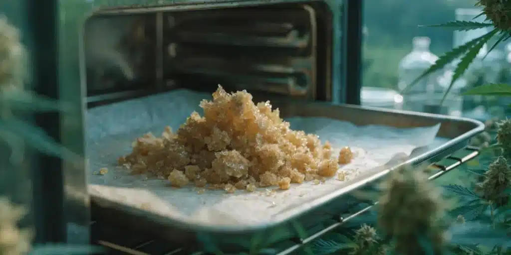 Freshly decarboxylated THCA crumble concentrate on a parchment-lined tray near cannabis plants.