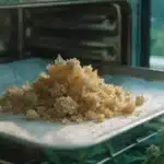 Freshly decarboxylated THCA crumble concentrate on a parchment-lined tray near cannabis plants.