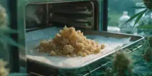 Freshly decarboxylated THCA crumble concentrate on a parchment-lined tray near cannabis plants.