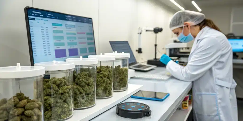 Digital cannabis quality monitoring with flower samples stored in containers and laboratory data analysis.