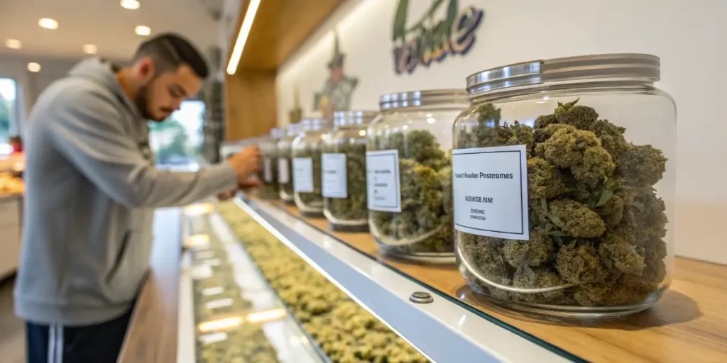 Dispensary cannabis flower varieties showcased in labeled glass jars along a retail display shelf.