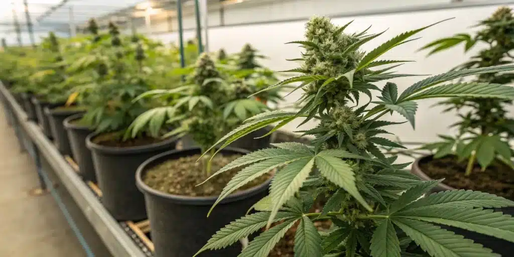 Flowering cannabis plants growing in pots inside a commercial indoor cultivation facility.
