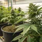 Flowering cannabis plants growing in pots inside a commercial indoor cultivation facility.