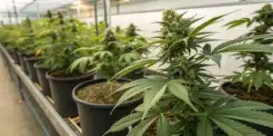 Flowering cannabis plants growing in pots inside a commercial indoor cultivation facility.