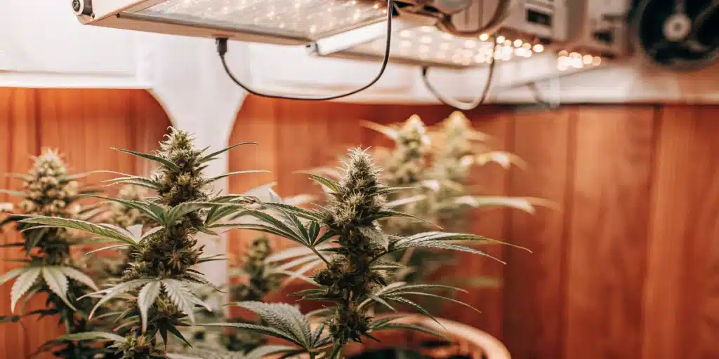 Cannabis plants in the flowering stage growing beneath LED lights in an indoor cultivation setup.